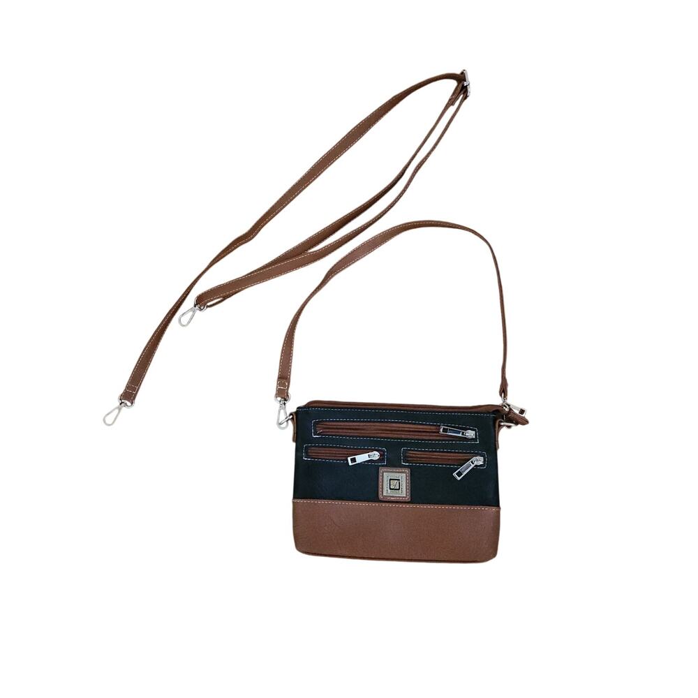 Stone Mountain Black Tan Crossbody Bag Convertible Shoulder Purse 3 Zip Pockets